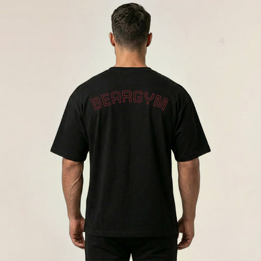 Bear Gym Logo Tee | Minimal Chest Badge, Retro Curved Back Text