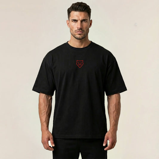 Bear Gym Logo Tee | Minimal Chest Badge, Retro Curved Back Text